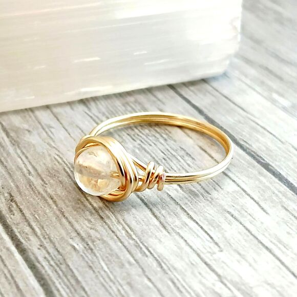 Dainty Clear Quartz Crystal Beaded Ring, Stackable Gemstone Wire Ring, Size 7.5 - Picture 2 of 3